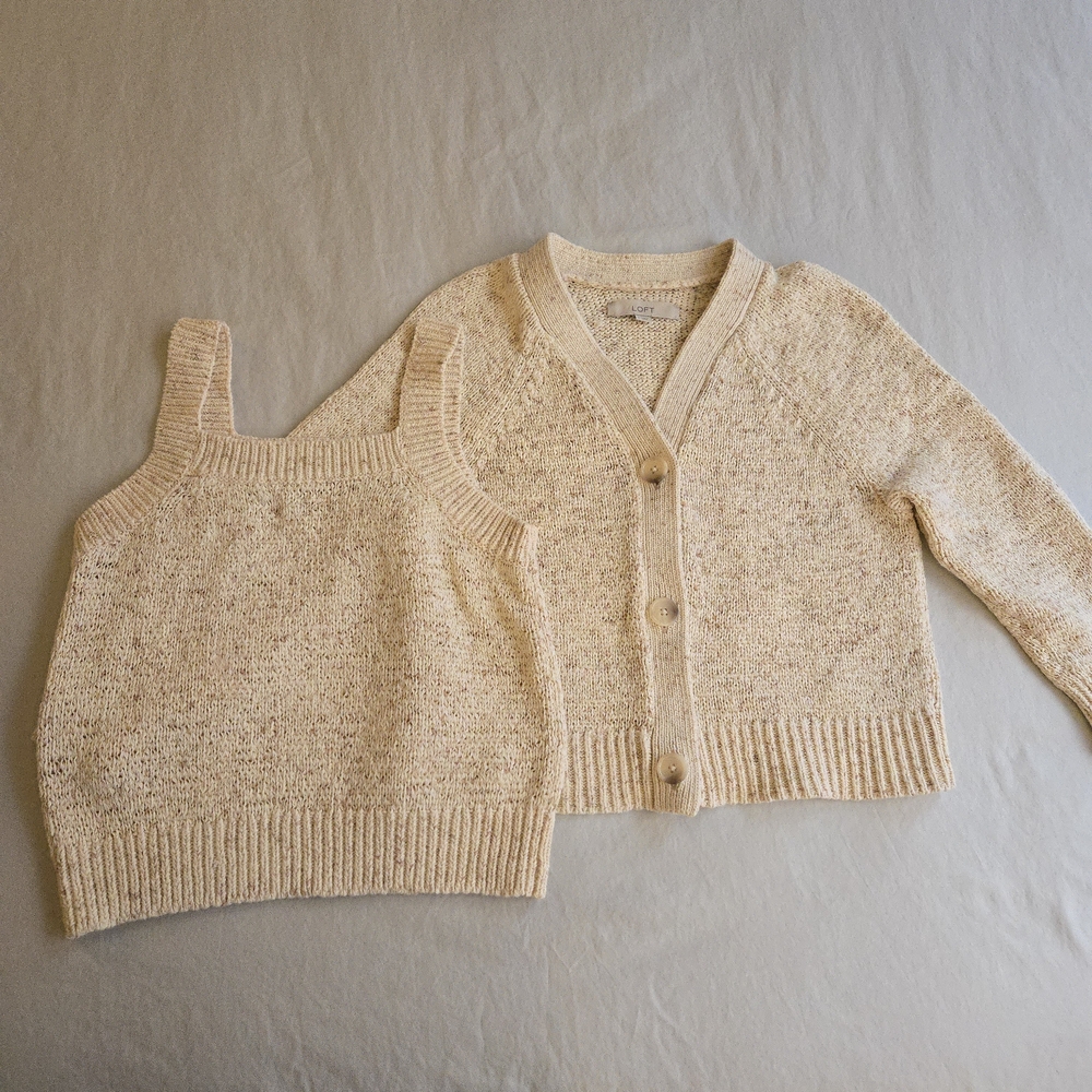 LOFT Beige Speckled Chunky Knit Button Front Cardigan Layering Tank Set MI3